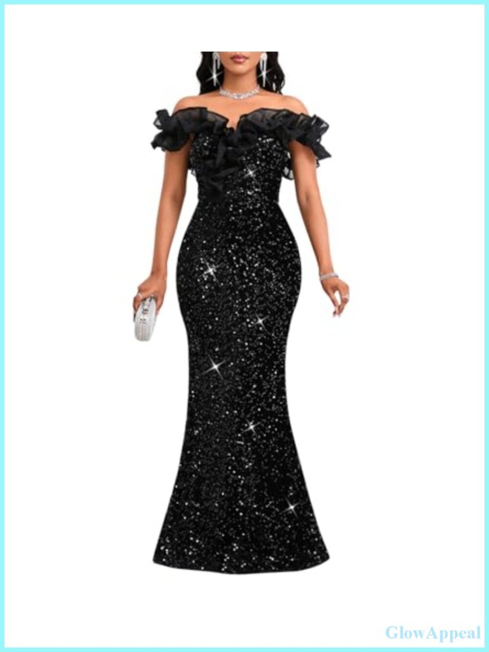 Sequin Off Shoulder Ruffle Mermaid Formal Evening Gown Bodycon Fitted Dress